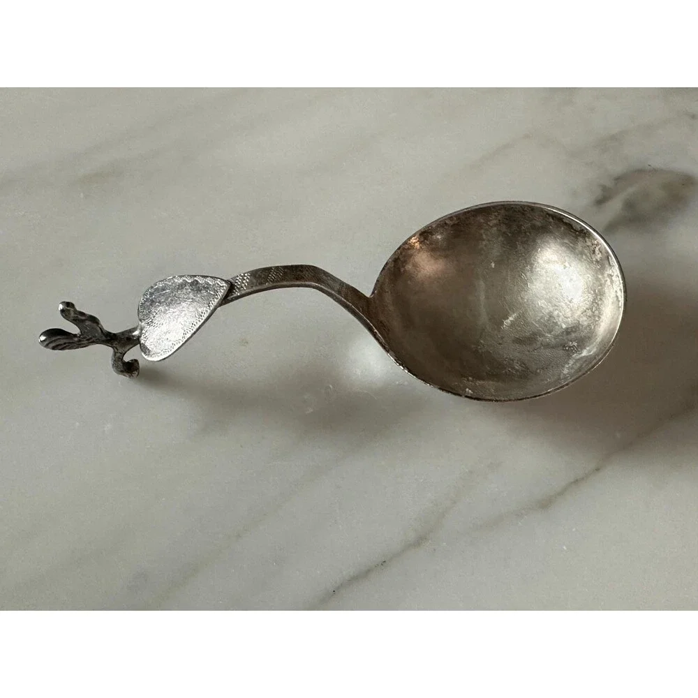 1874 Dutch Silver Mini Ladle Monkey Spoon Rooster Finial Heart .833 Silver 24g